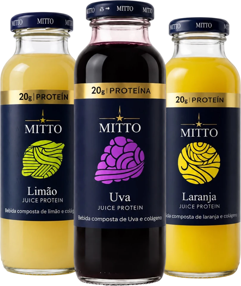 Mitto Juice Protein nos sabores Limão, Uva e Laranja